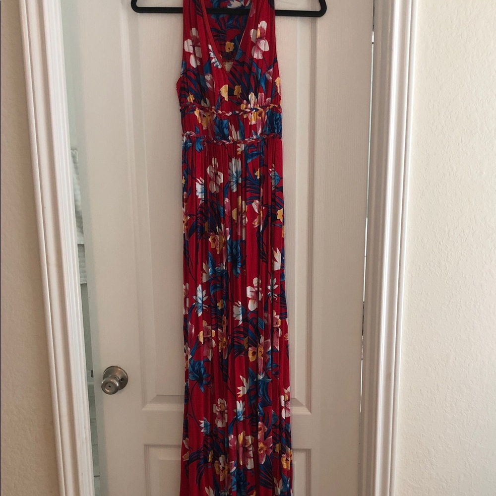 Japna Red Floral Maxi Dress with Blue & White Accents